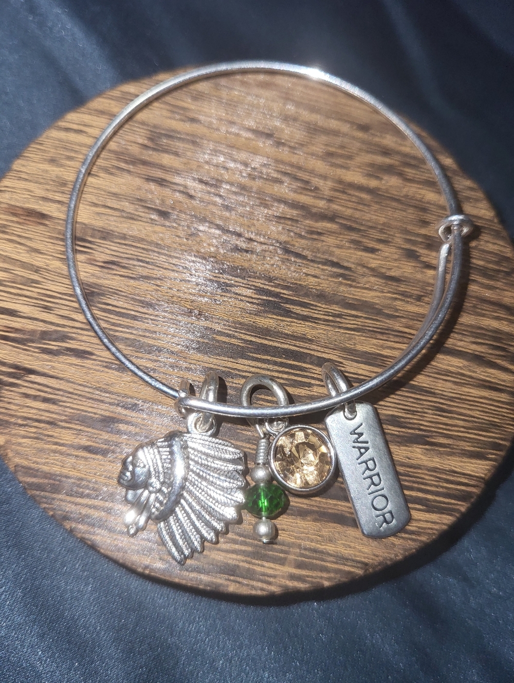 Silver-Tone 'Warrior' Charm Bangle with Green and Gold Accents